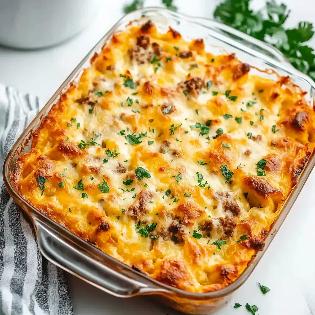 A glass dish with a casserole in it.