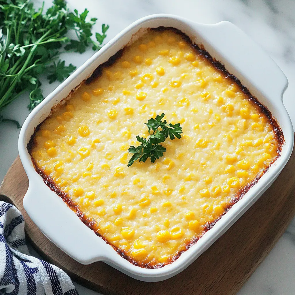 A white bowl with a corn casserole.