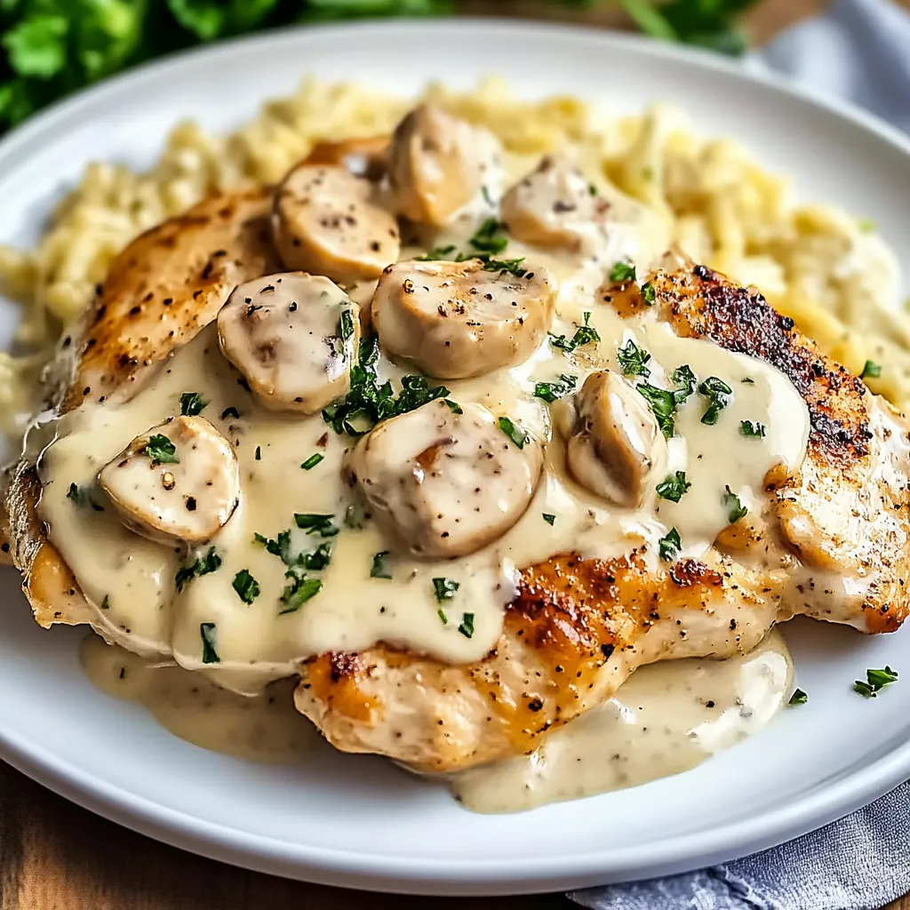 A plate of food with chicken and mushrooms.
