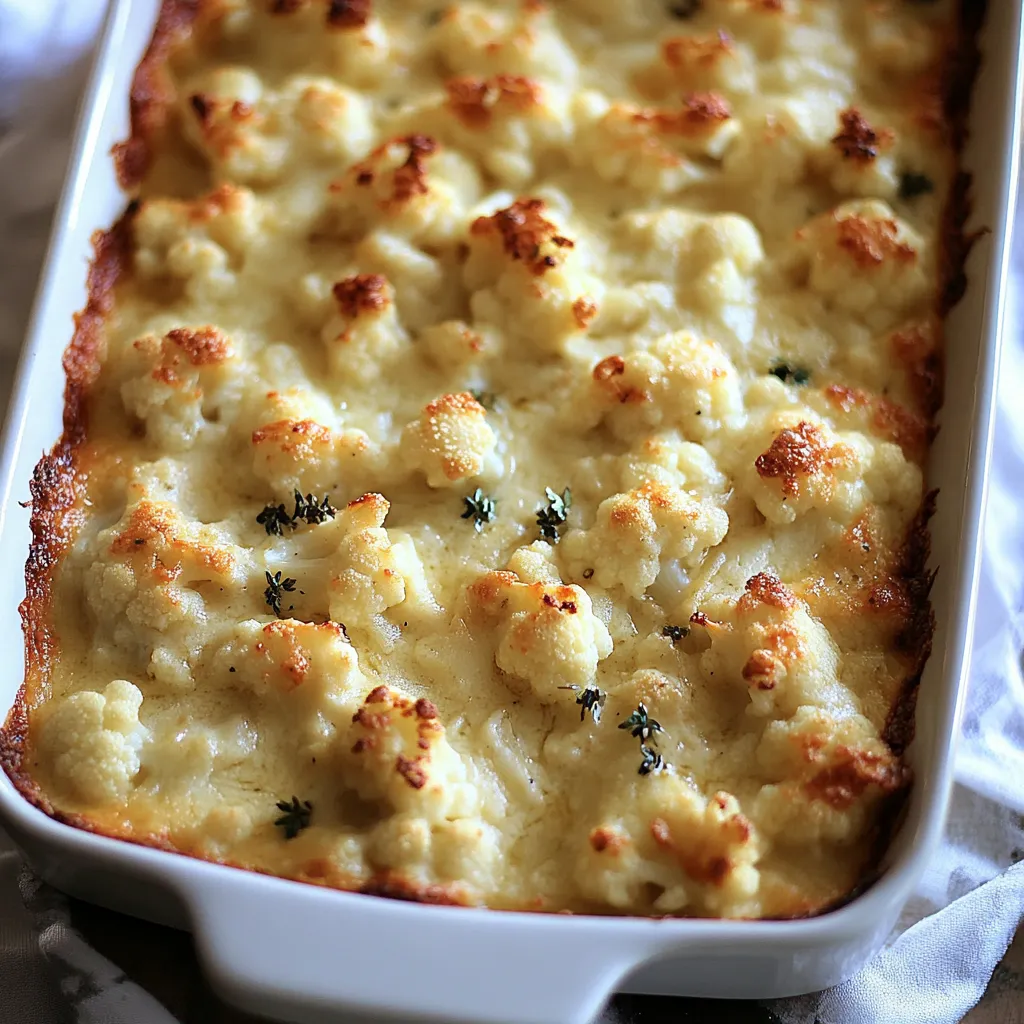 A white dish with a casserole of cauliflower and cheese.