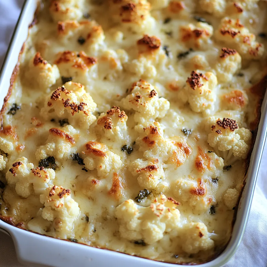 A white and brown casserole dish filled with cauliflower and cheese.