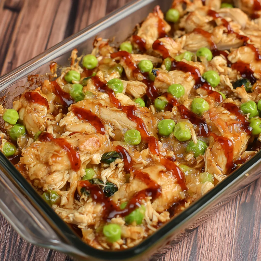 A dish of chicken and peas.
