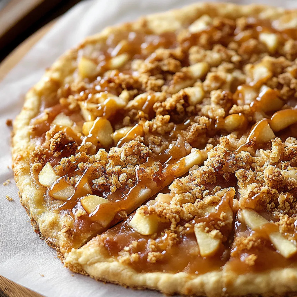 A pizza with apples and caramel sauce.