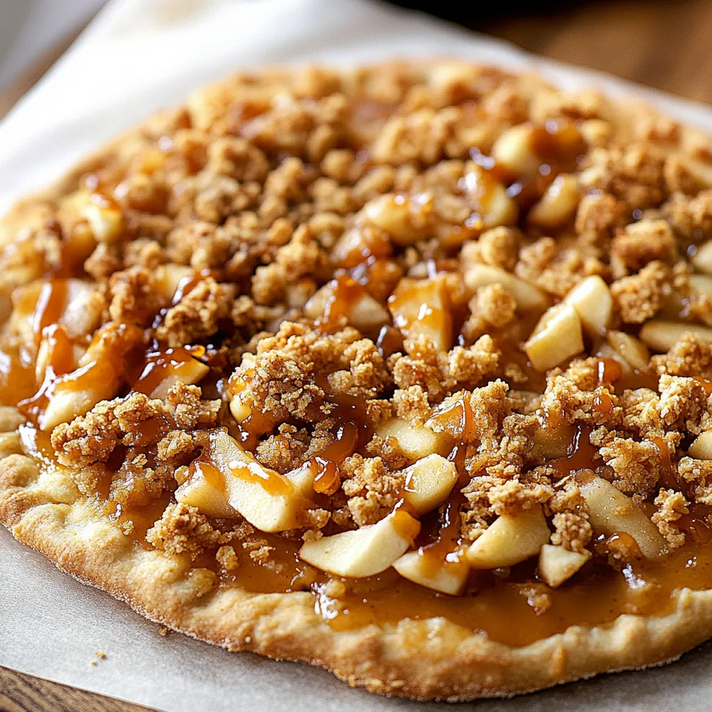 A pizza with apples and caramel sauce.