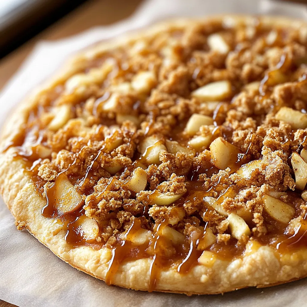 A pizza with apples and caramel sauce.