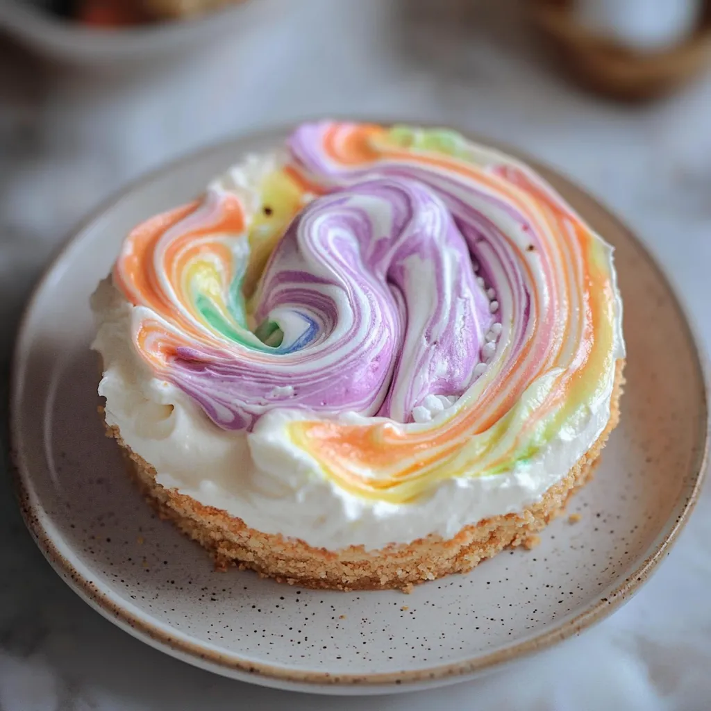A slice of cake with a rainbow swirl.