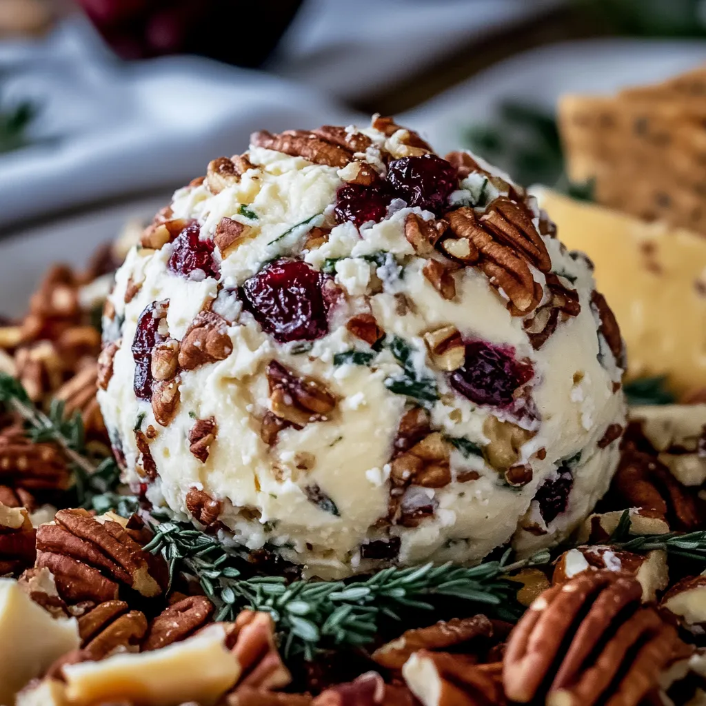 A cheese ball with nuts and berries on top.