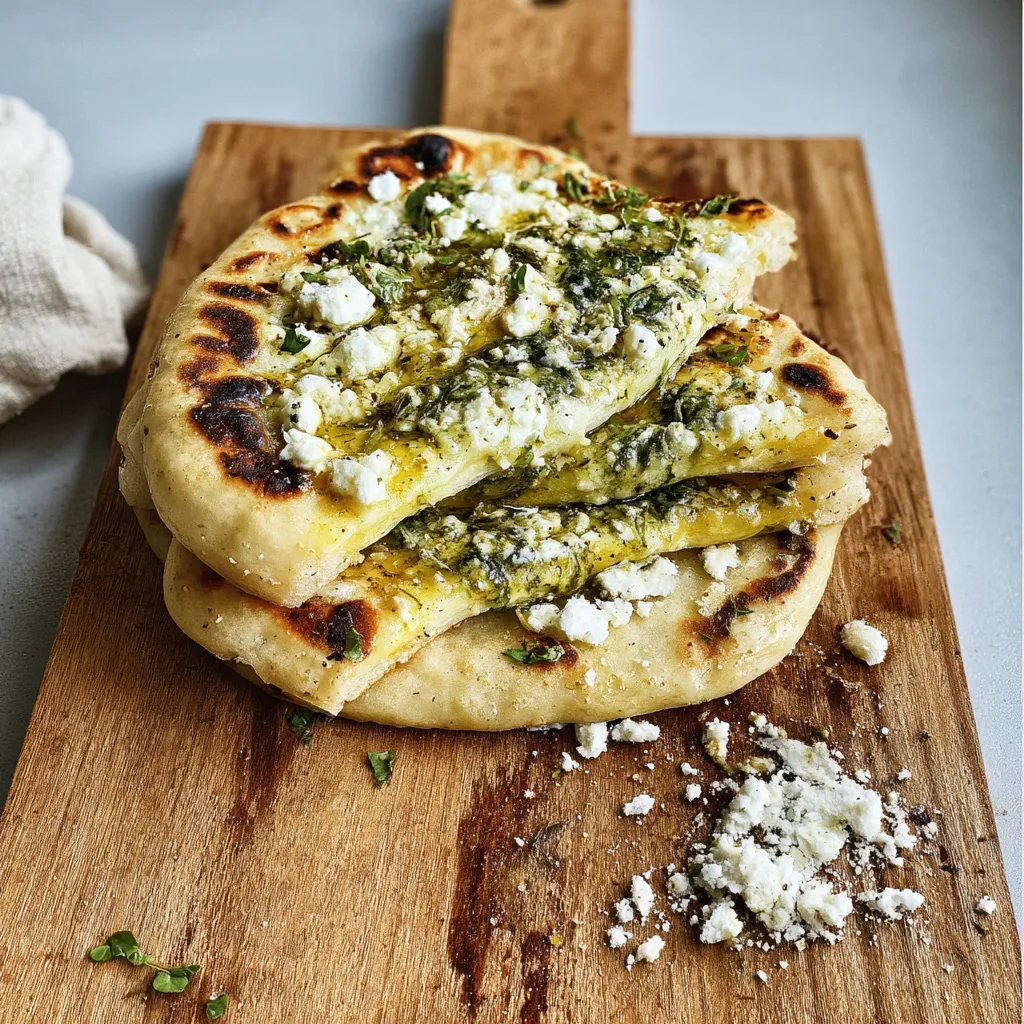 A stack of pita bread with feta cheese.