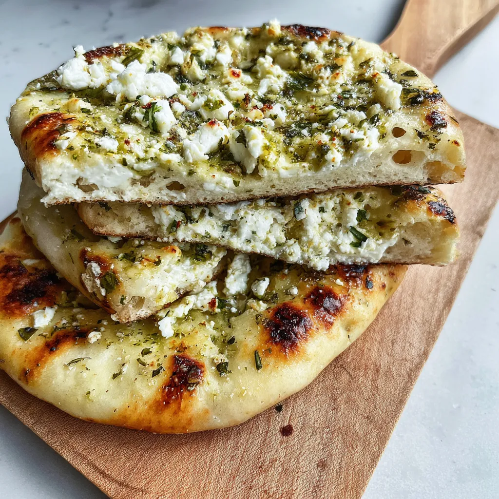 A stack of pita bread with feta cheese on top.