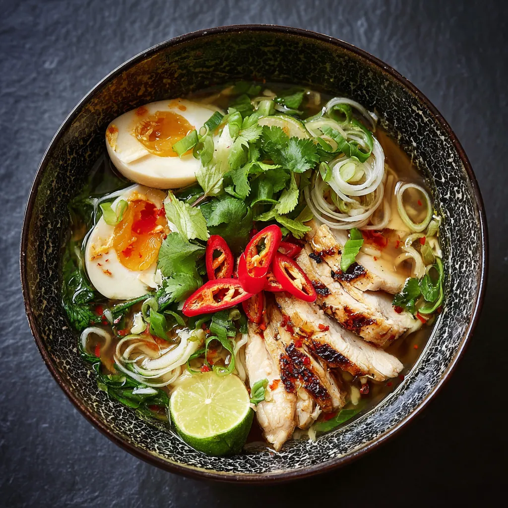 A bowl of soup with chicken, eggs, and vegetables.
