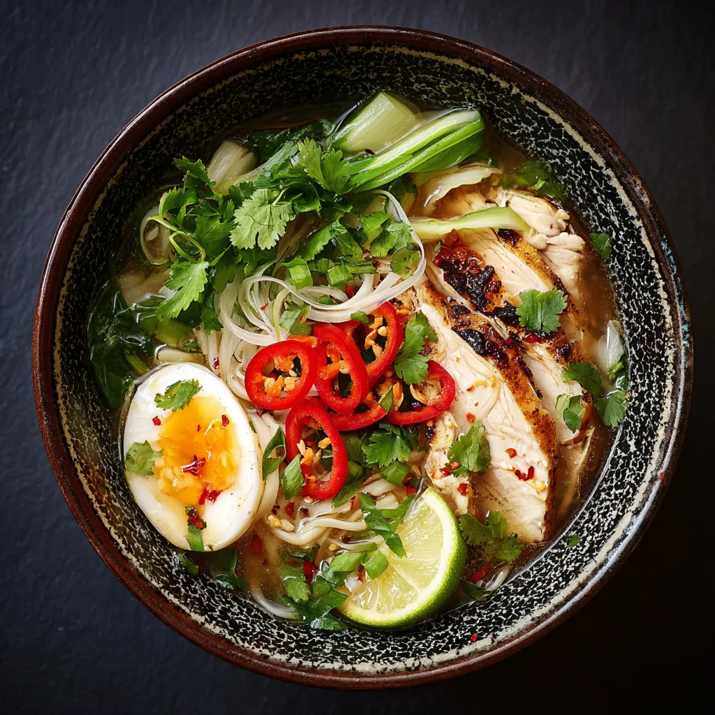 A bowl of soup with chicken, egg, and peppers.