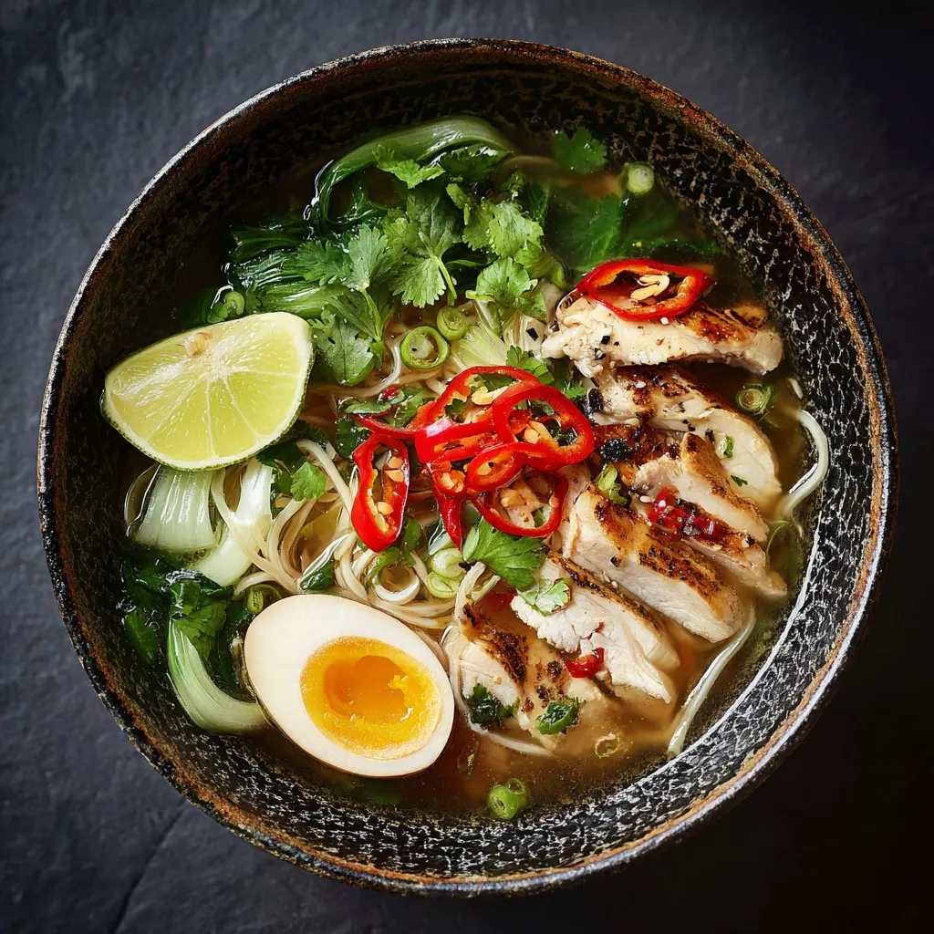 A bowl of soup with chicken and vegetables.