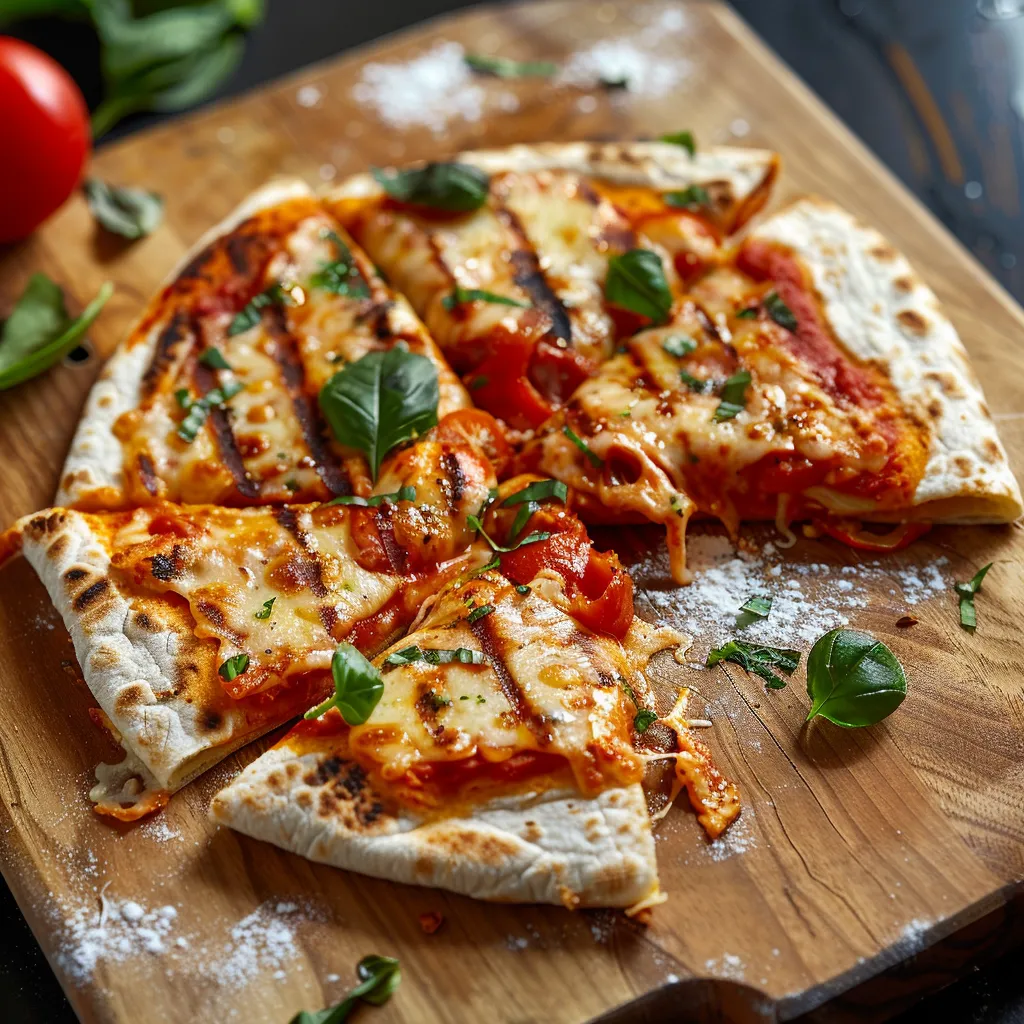 A pizza with cheese and tomatoes on a wooden board.