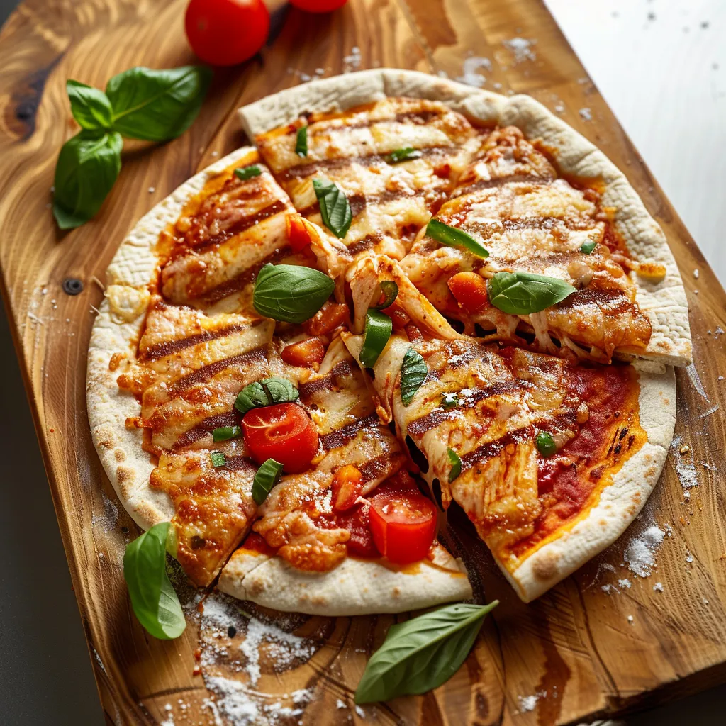 A pizza with tomatoes and basil on a wooden board.