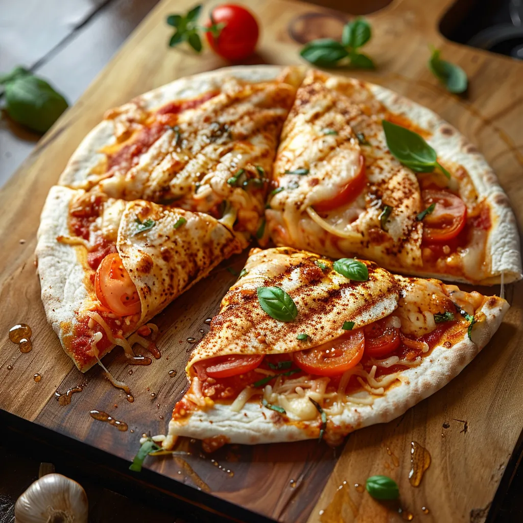 A slice of pizza with tomatoes and basil.
