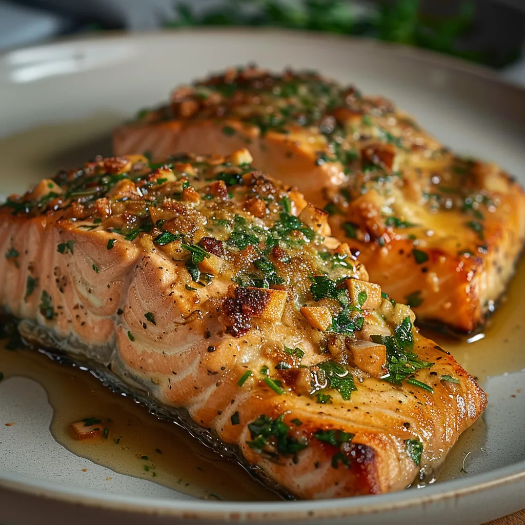 Two pieces of salmon with herbs on a plate.