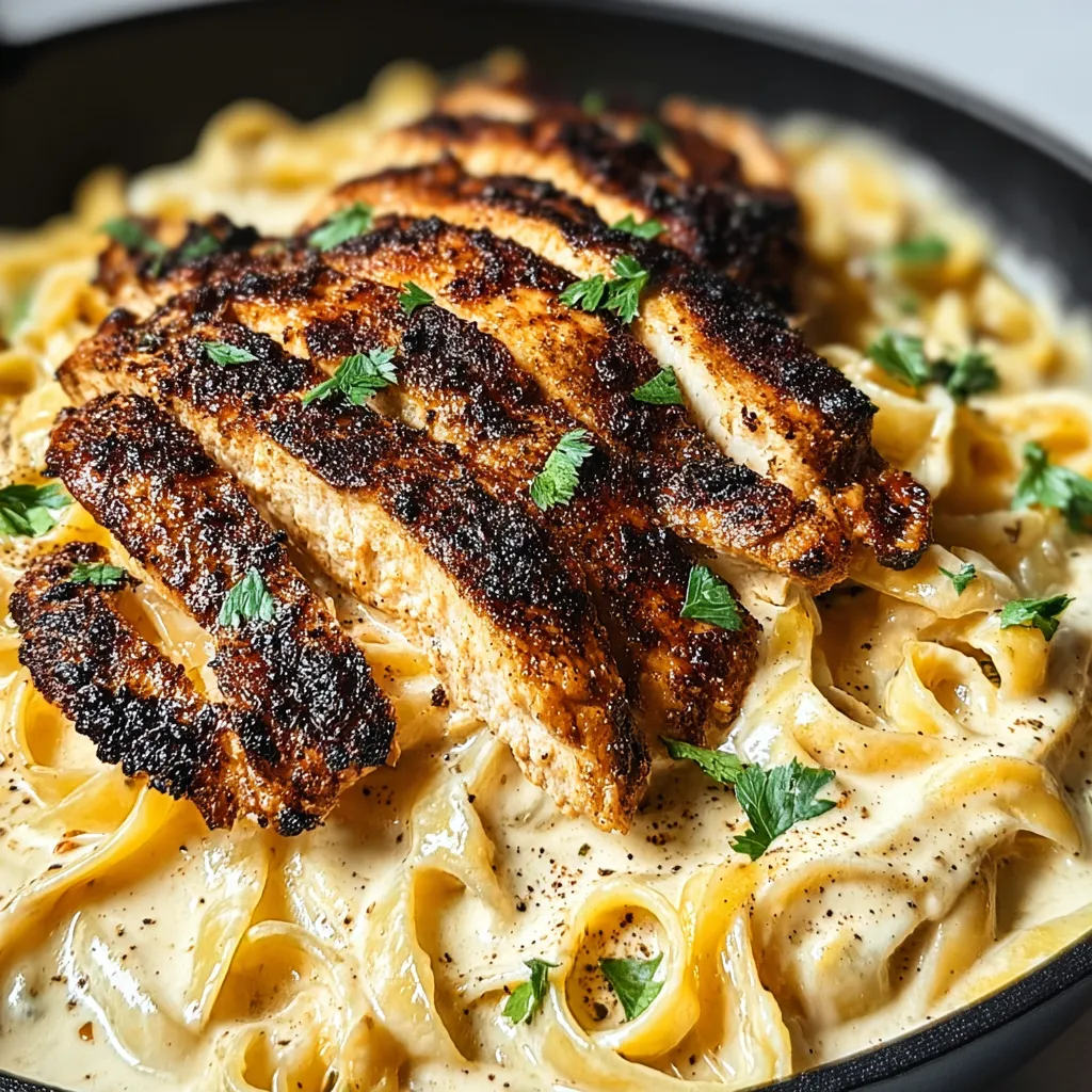 A bowl of pasta with chicken and herbs.