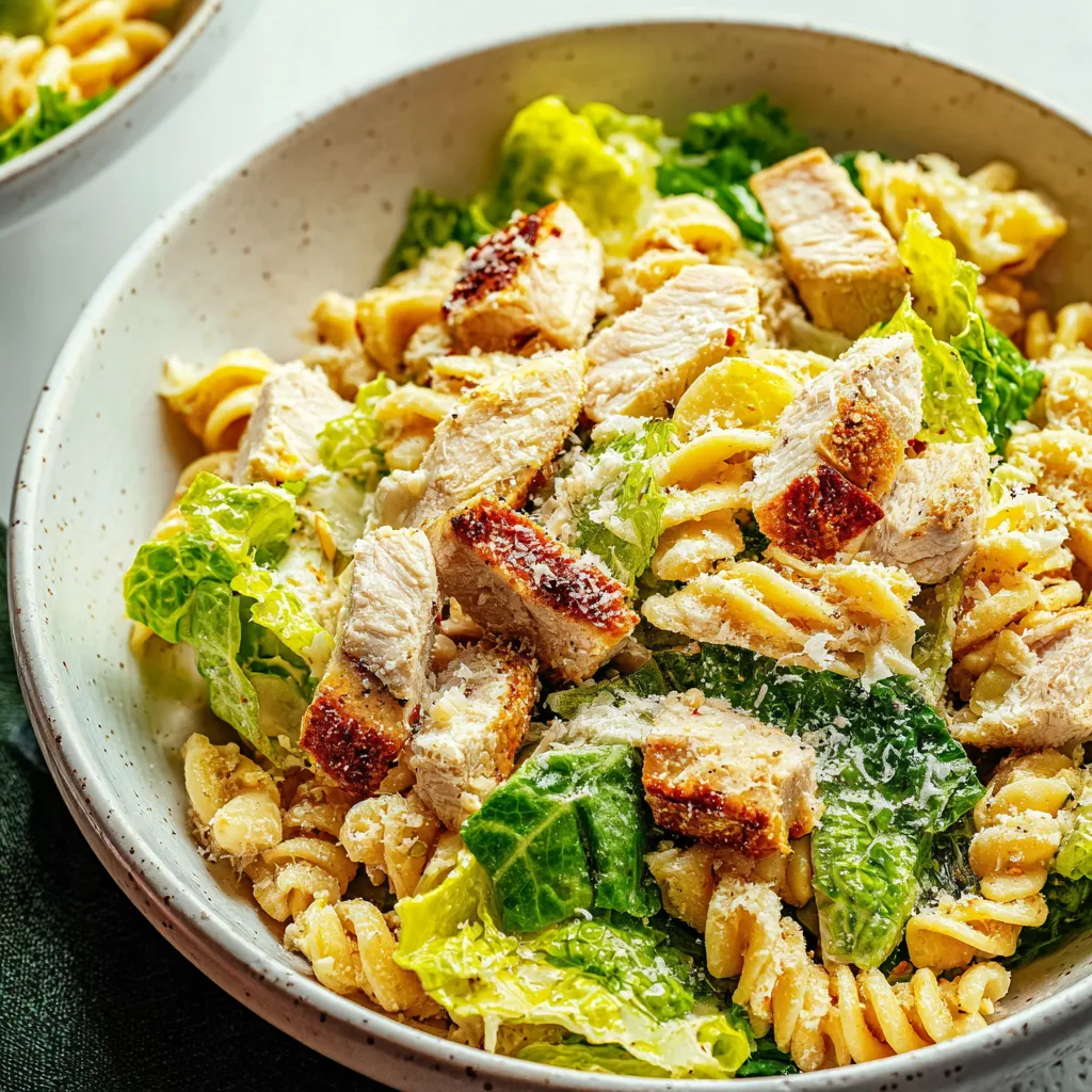 A bowl of pasta salad with chicken and lettuce.