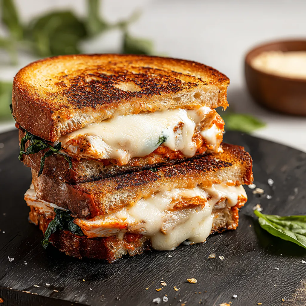 A sandwich with cheese and meat on a black plate.