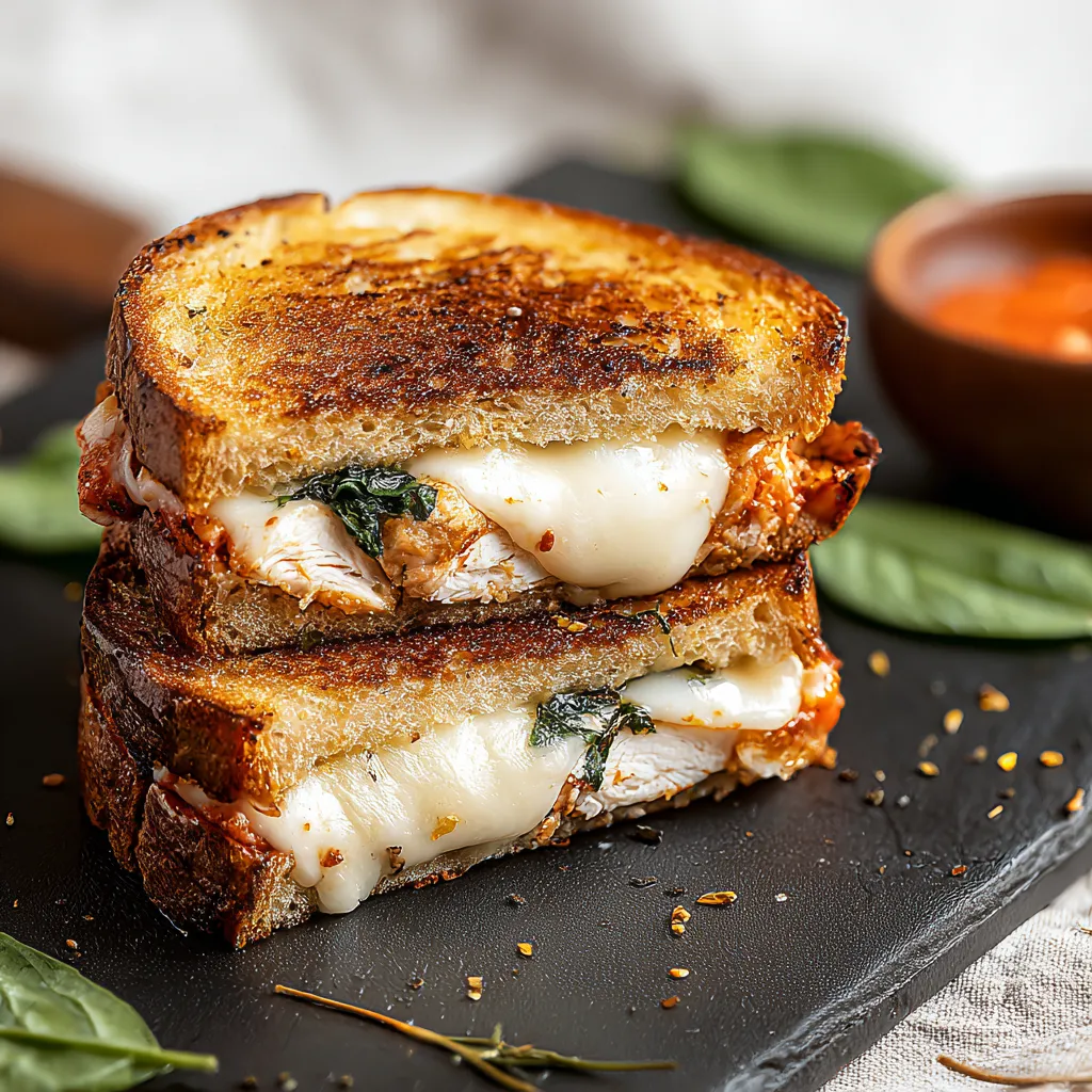 A sandwich with cheese and spinach on a black plate.