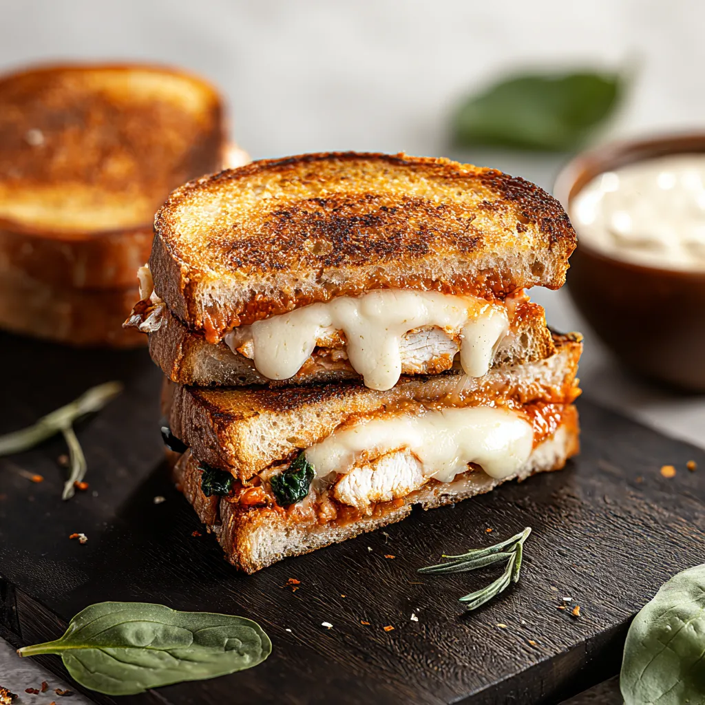 A sandwich with cheese and sauce on a black cutting board.