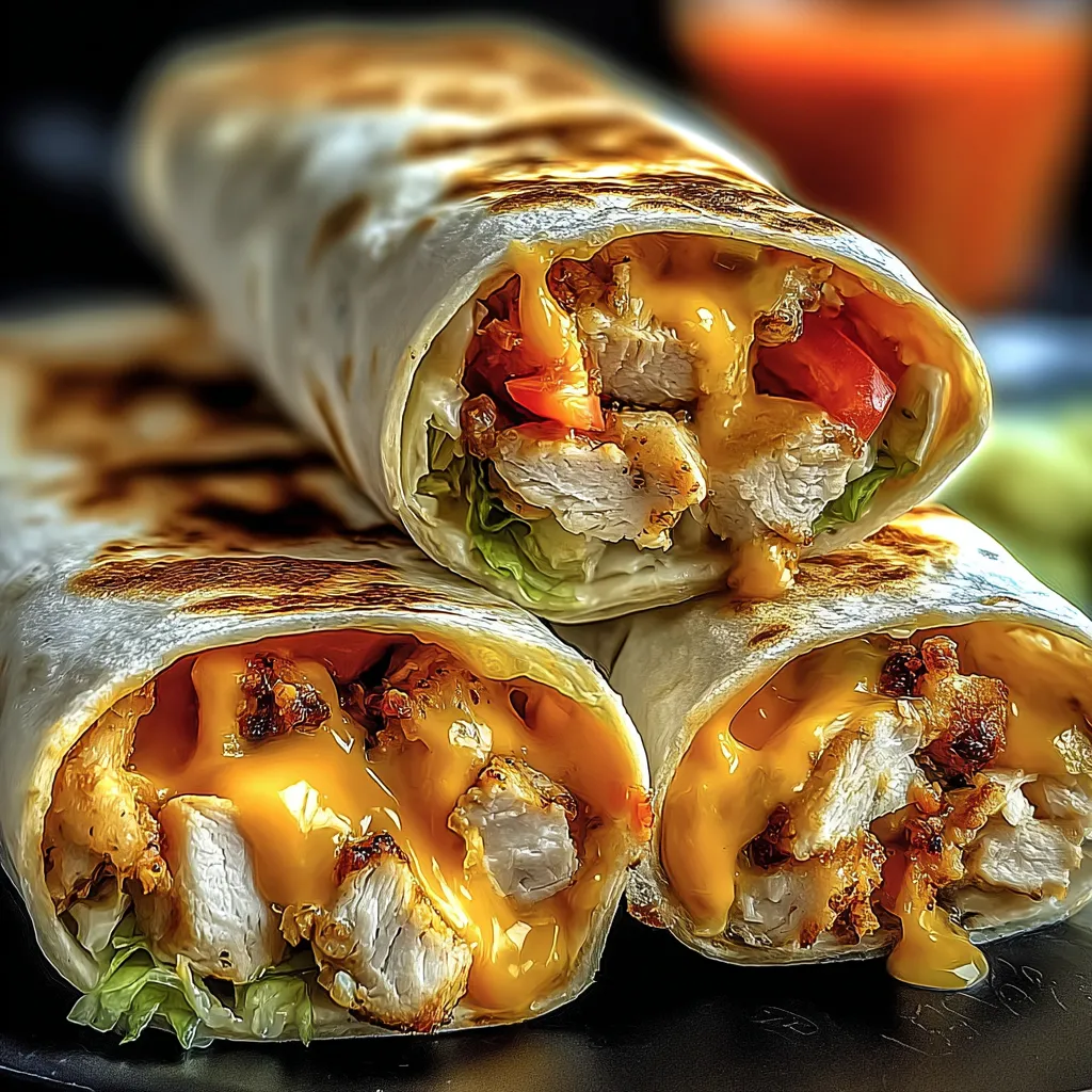 A chicken burrito with cheese and tomatoes.