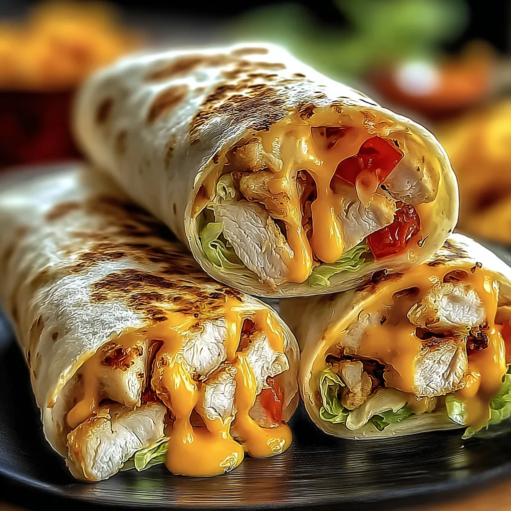 Two chicken wraps with cheese and tomatoes.