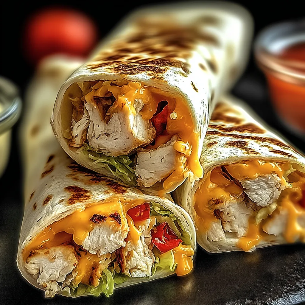 Two chicken wraps with cheese and tomatoes.