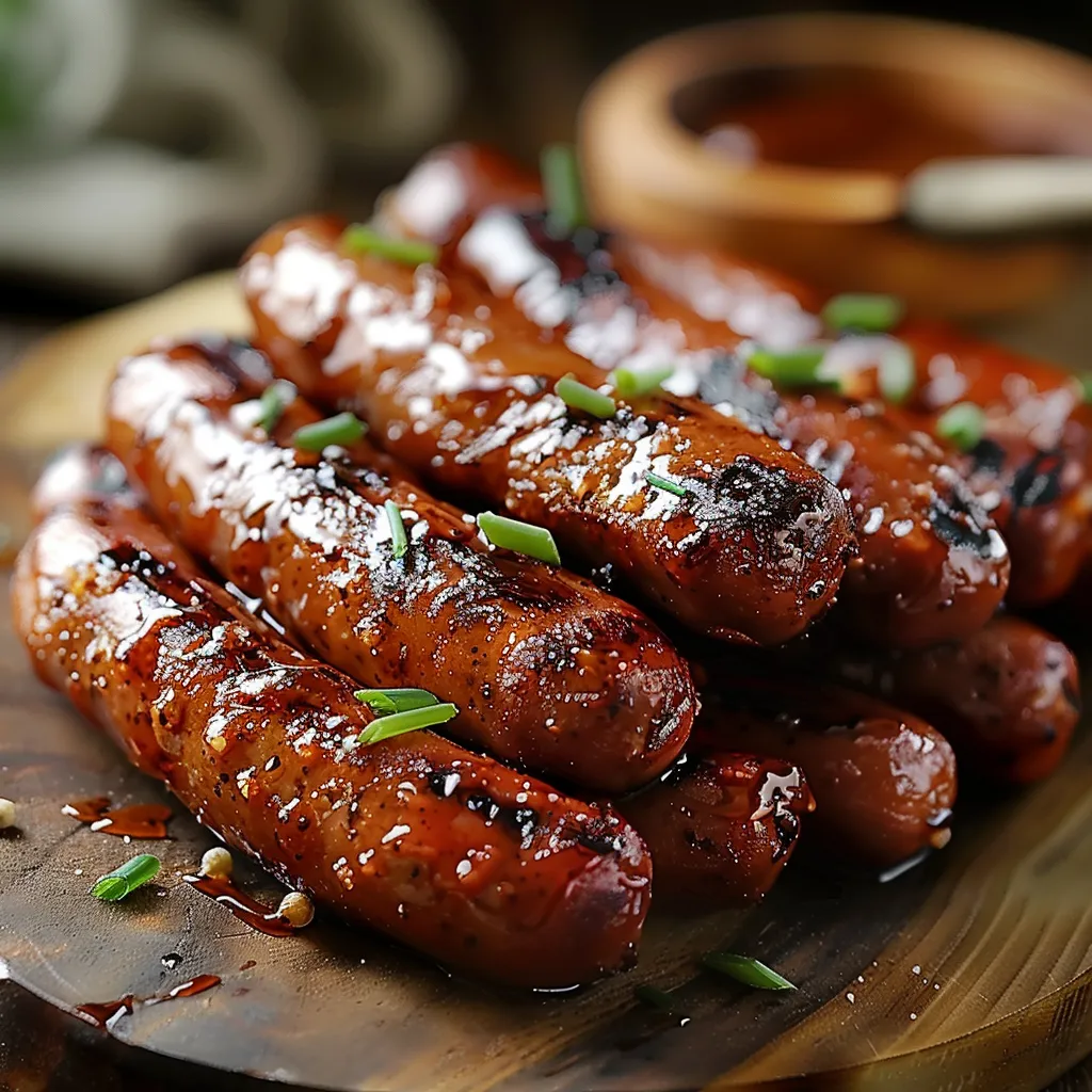 A plate of grilled sausages with a bowl of sauce.
