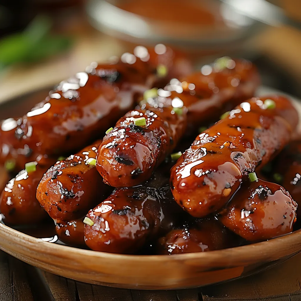 A plate of sausages with a bowl of sauce.