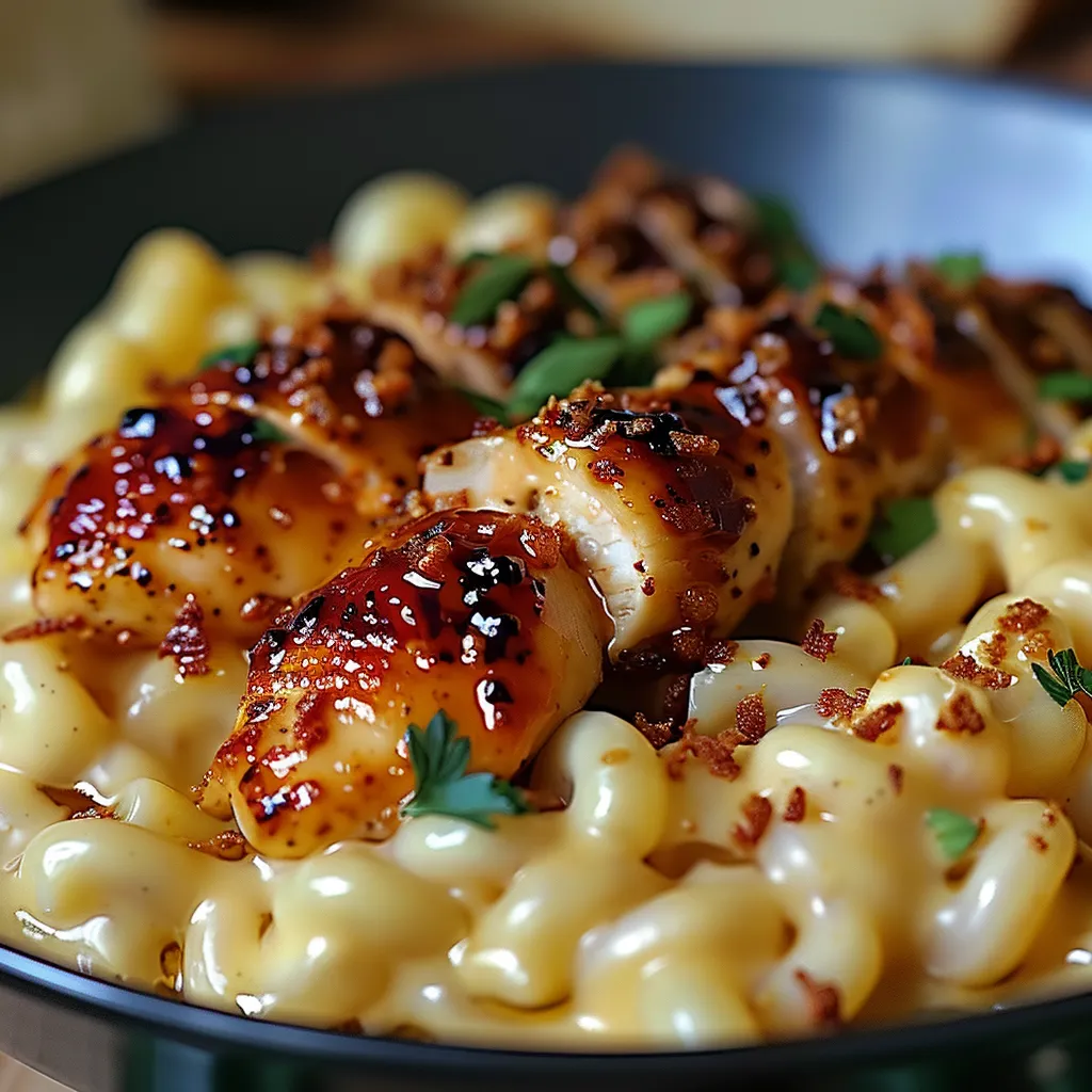A bowl of macaroni and cheese with chicken.