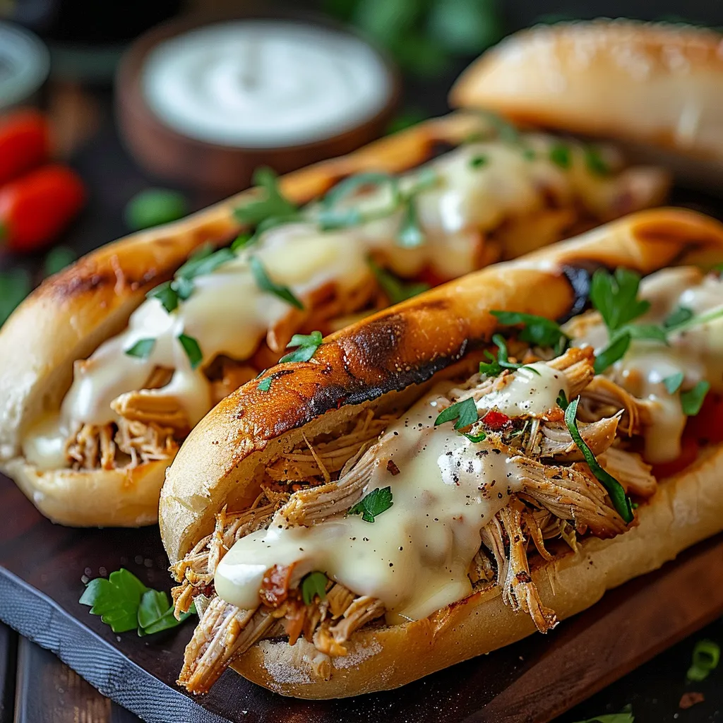 Two sandwiches with meat and cheese on a wooden table.