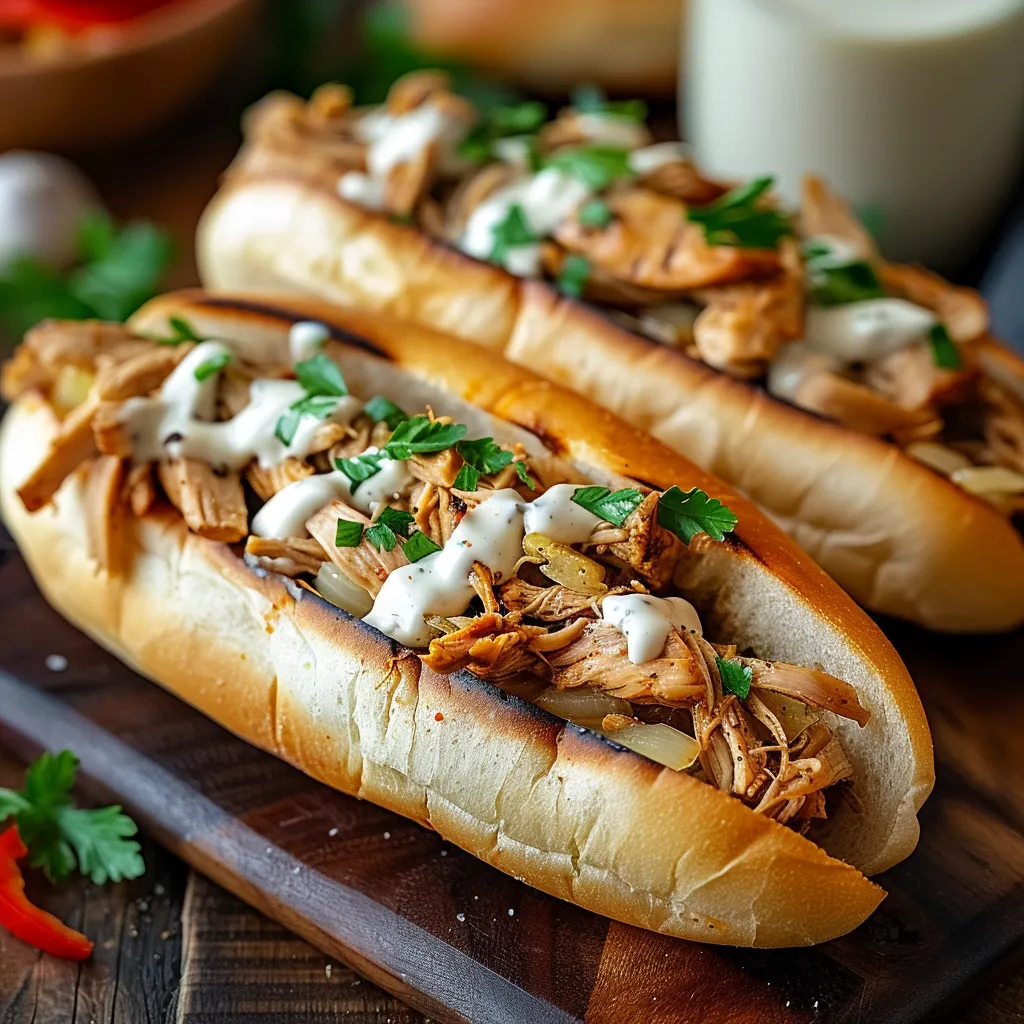 Two sandwiches with meat and sauce on a wooden table.