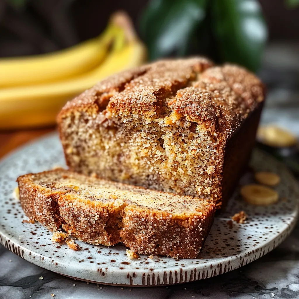 A slice of banana bread with a banana in the background.