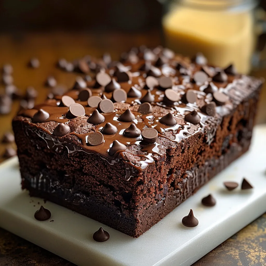 A chocolate cake with chocolate chips and drizzled with chocolate.