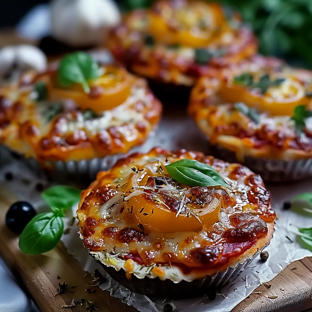 A plate of four mini pizzas with basil leaves on top.