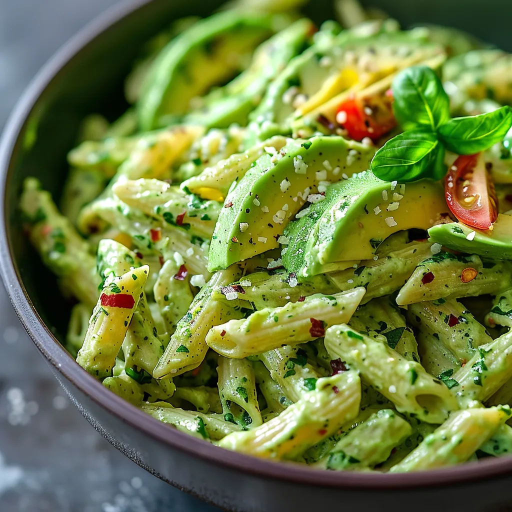 A bowl of pasta with green sauce and avocado.