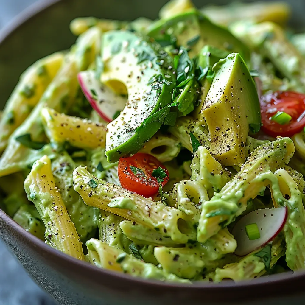 A bowl of pasta with tomatoes, avocado, and green sauce.