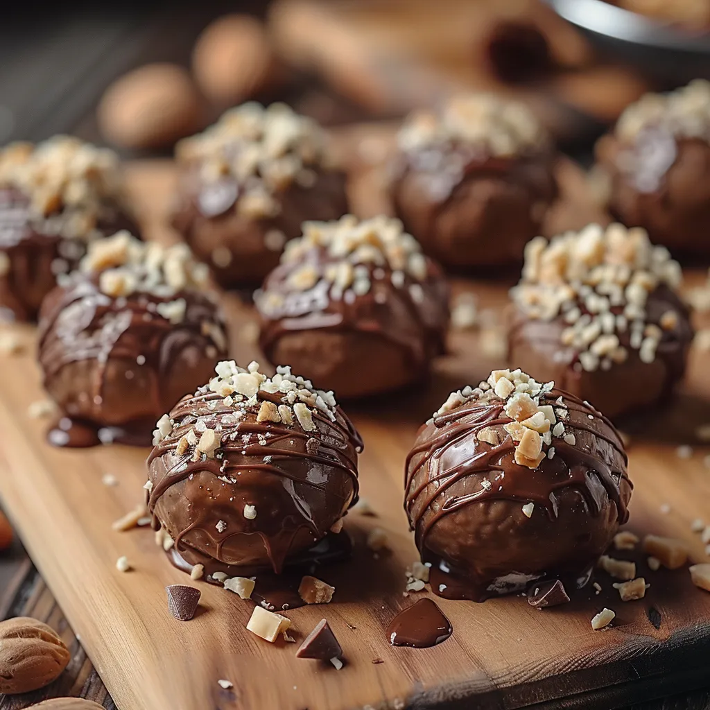 Chocolate covered nuts on a wooden cutting board.