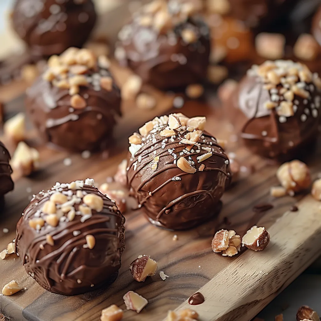 Chocolate covered nuts on a wooden board.