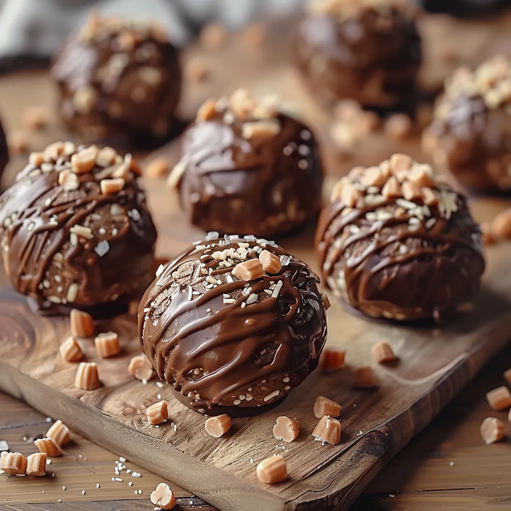 Chocolate balls with nuts on a wooden board.