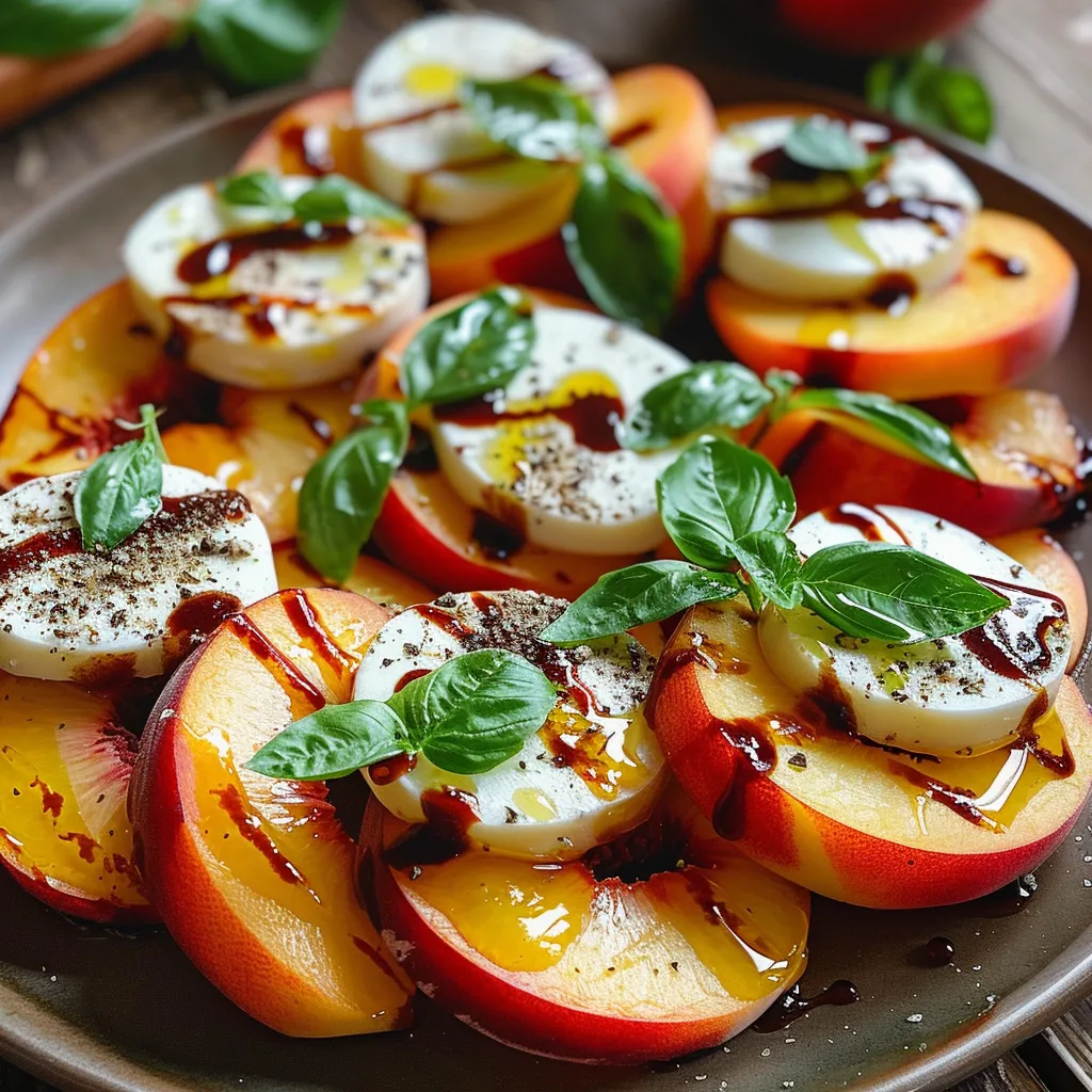 A plate of sliced peaches with cheese and basil.