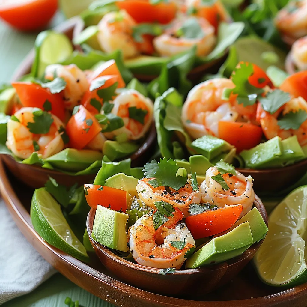 A bowl of shrimp with avocado and lime.