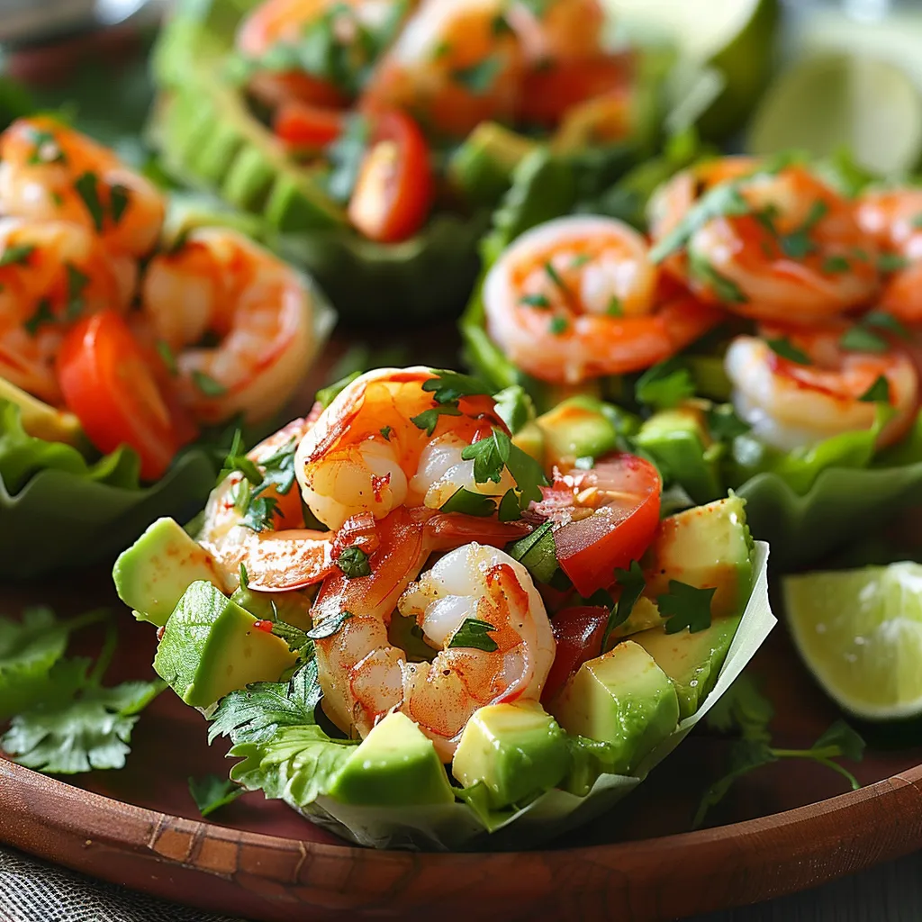 Shrimp in a bowl with avocado and lime.