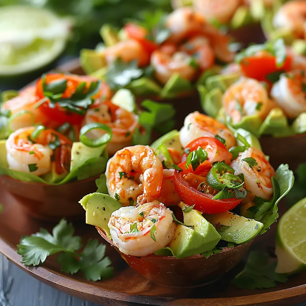 A plate of shrimp and avocado.