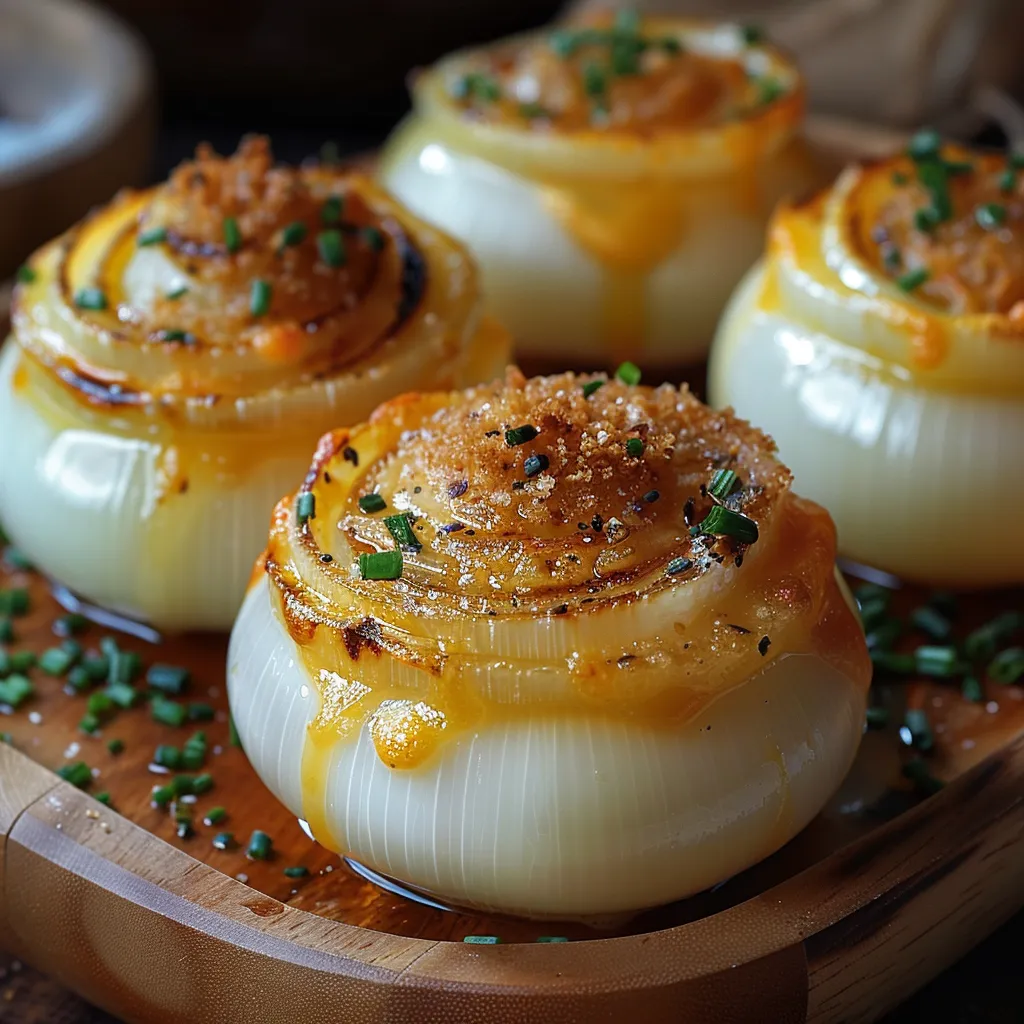 Four onions with sauce on a wooden board.
