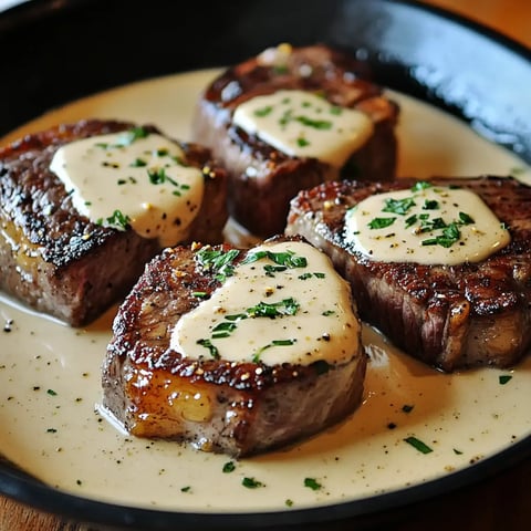 Pan showing seared steaks topped with creamy sauce, sprinkled with fresh herbs.