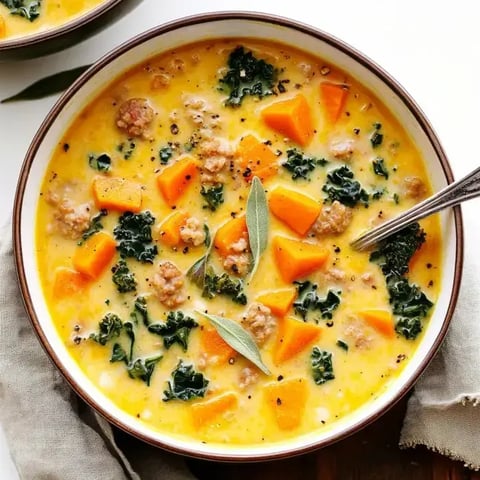 A bowl of creamy soup filled with chunks of butternut squash, sausage, and kale, garnished with sage leaves.