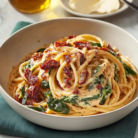 Creamy pasta with spinach and sun-dried tomatoes topped with black pepper.