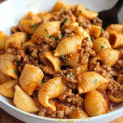 A hearty bowl of pasta shells in tomato cream sauce topped with minced parsley.